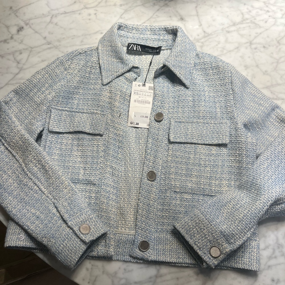 Zara Blue and White Tweed Jacket